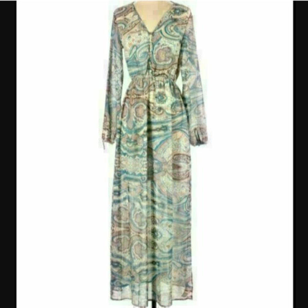 Boohoo Boutique Casual Dress Maxi Blue Pink Ivory Paisley Print Cage Back Size 2